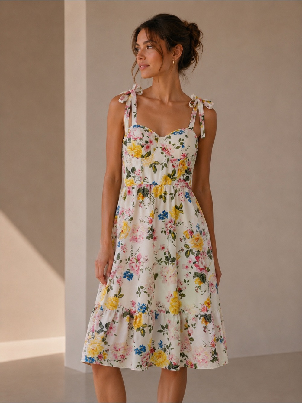 Lily Rose Cream Floral Tie-Shoulder Midi Cottagecore Dress Size Medium
